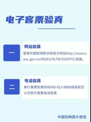 　电子客票验真。(中国驻韩国大使馆网站截图)